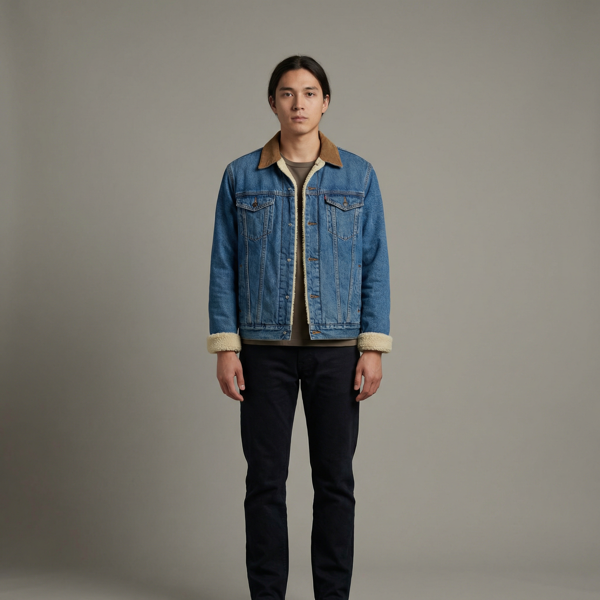 Fleece-Lined Denim Jacket With Corduroy Collar Details