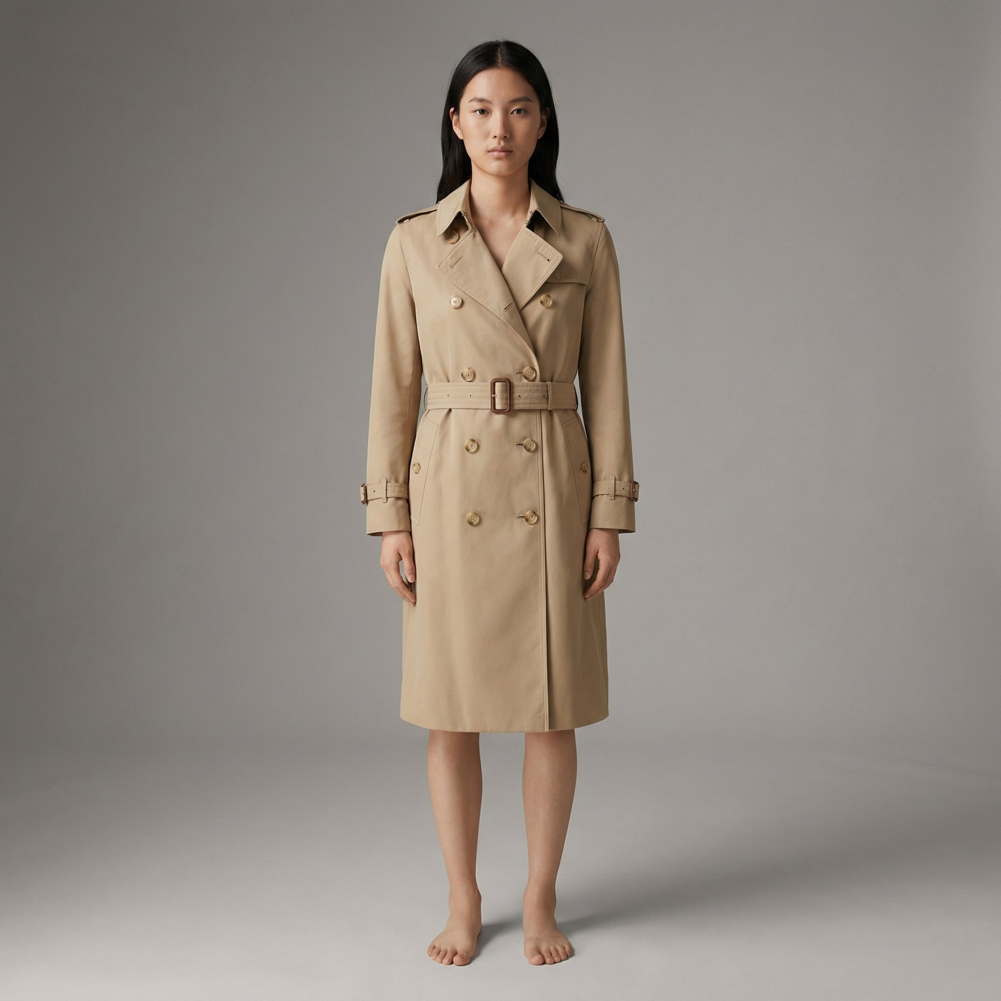 Classic Double-Breasted Trench Coat With Adjustable Waist Belt