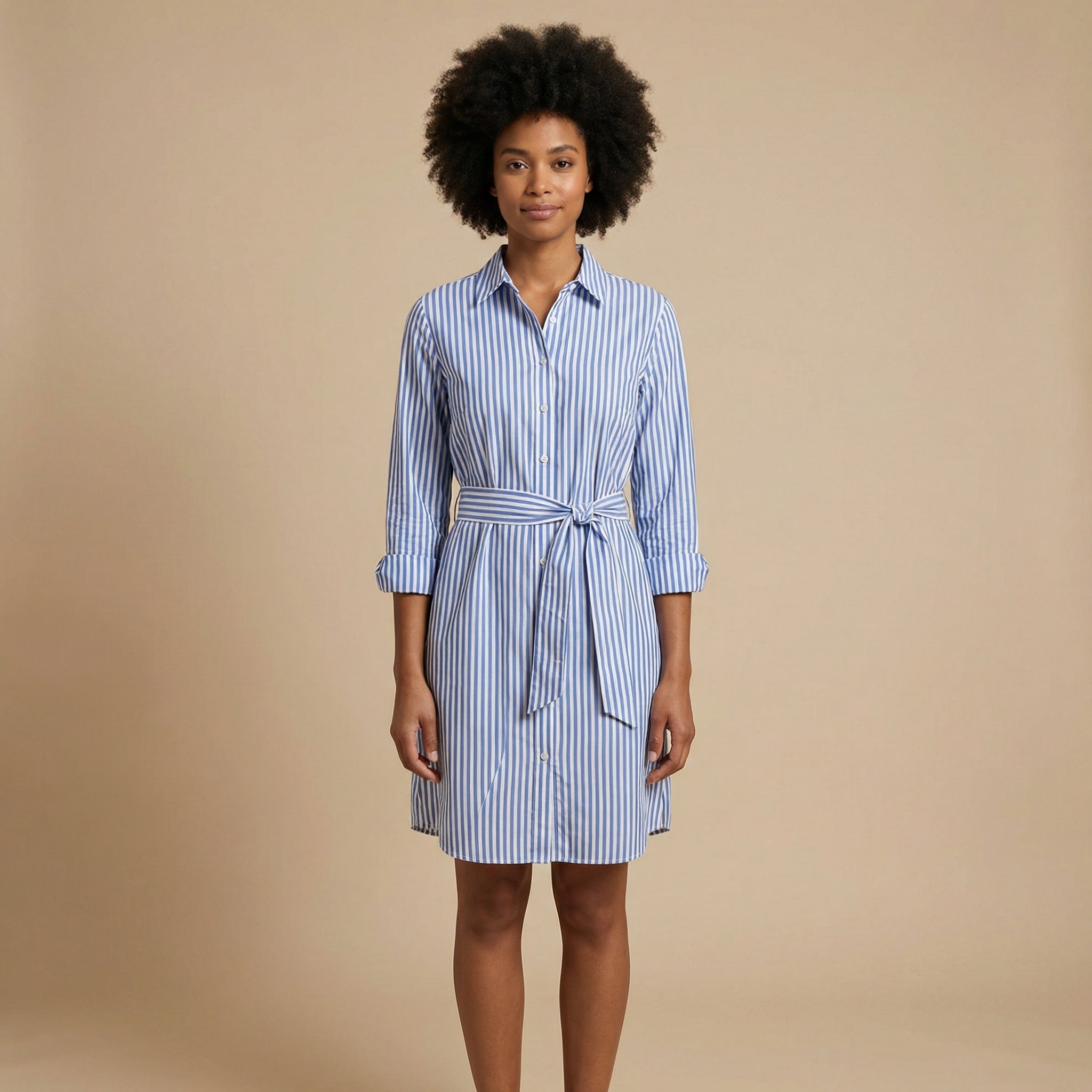 Striped Cotton Shirt Dress For Women With Waist Tie Belt