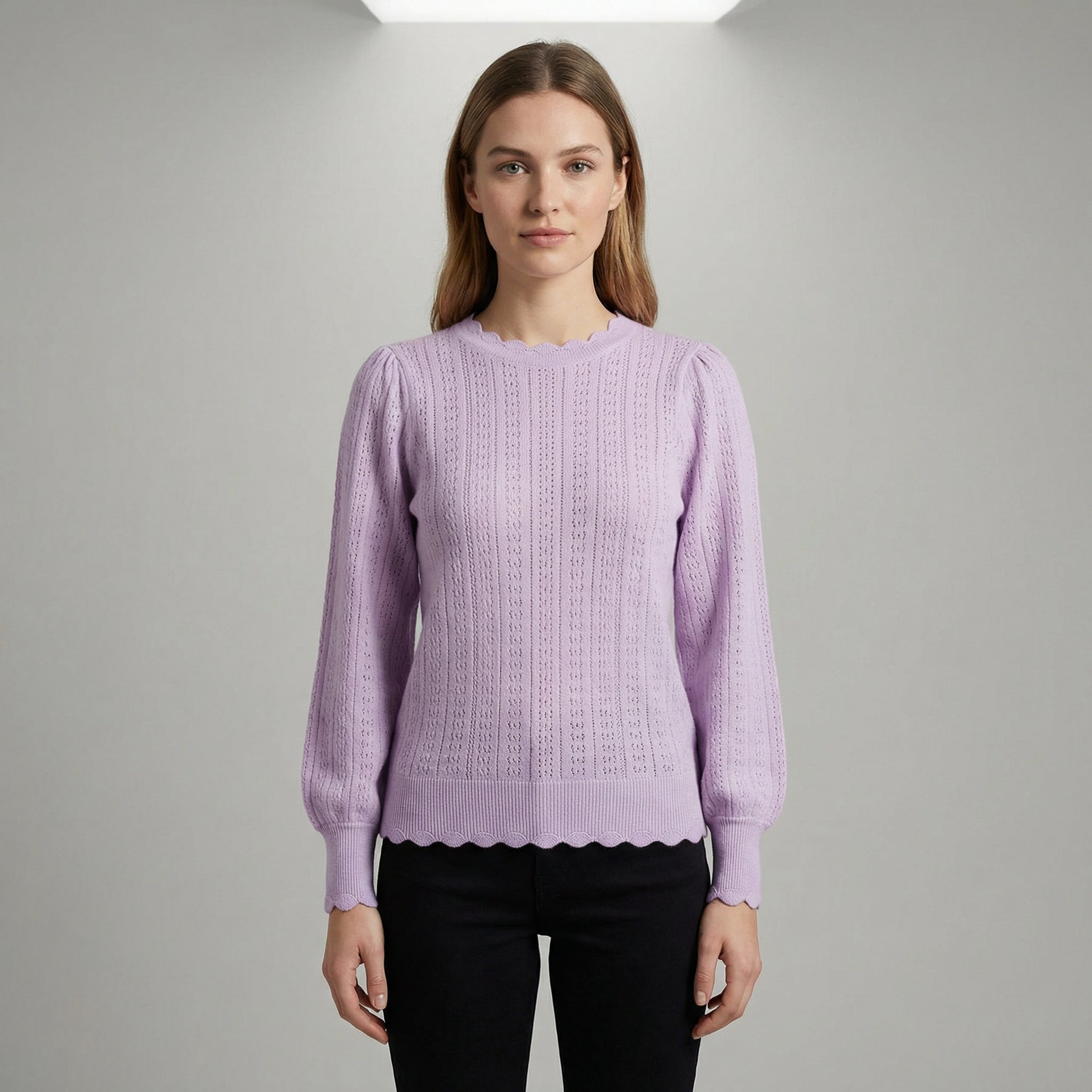 Pointelle Knit Puff Sleeve Jumper With Scalloped Edges