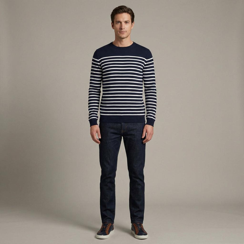 Lightweight Striped Breton Sweater For Men With Navy And White Patterns