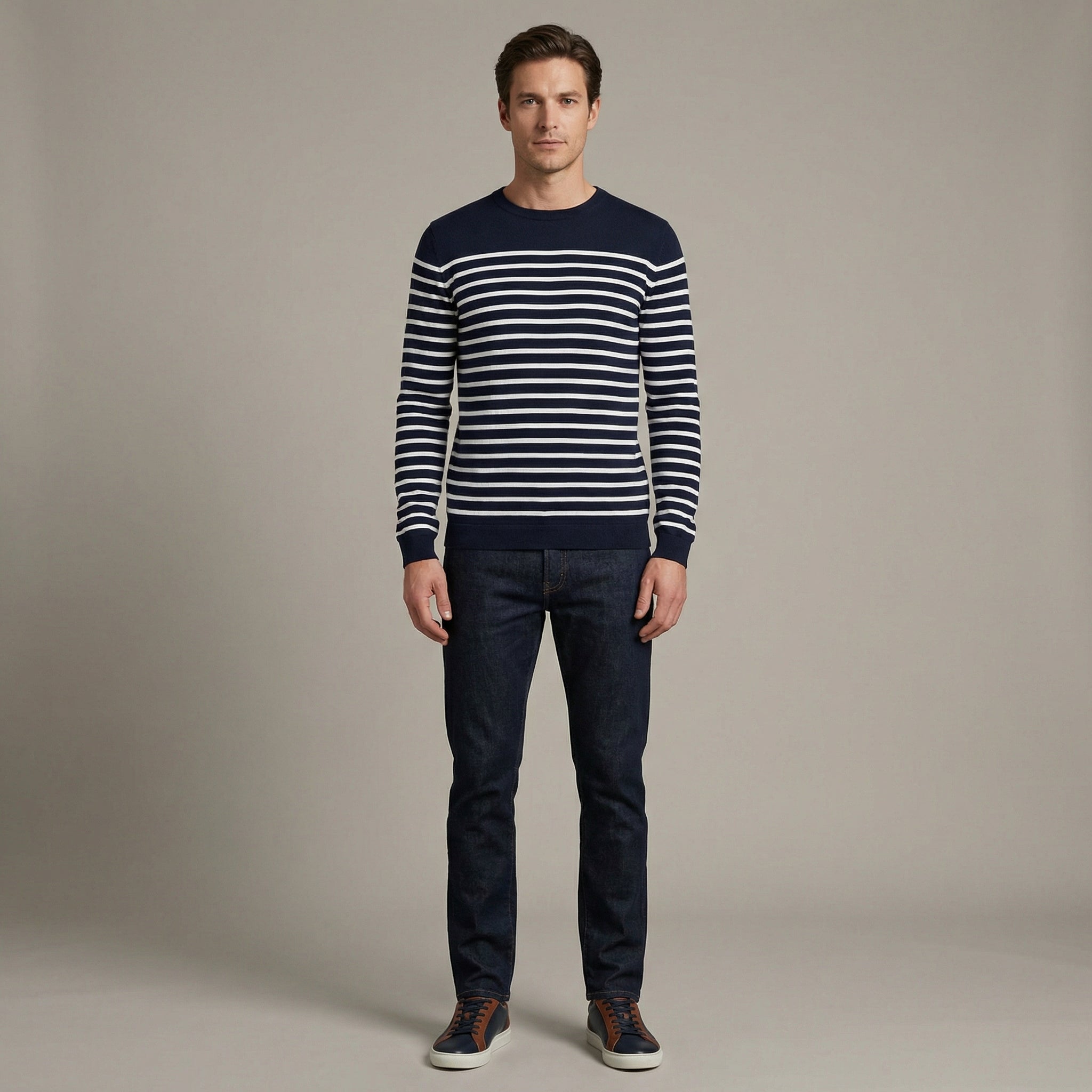 Lightweight Striped Breton Sweater For Men With Navy And White Patterns