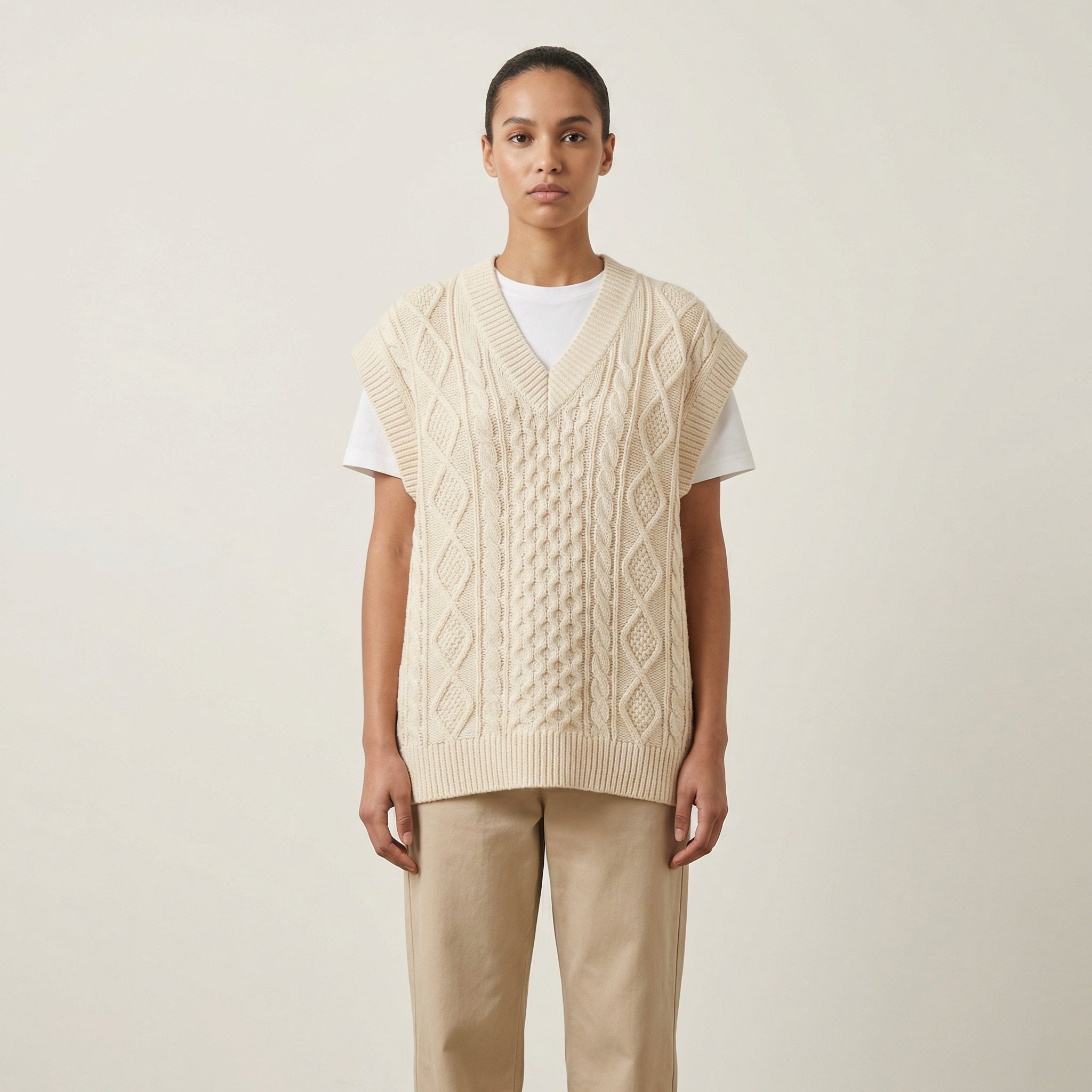 Oversized V-Neck Knitted Vest With Cable Knit Details