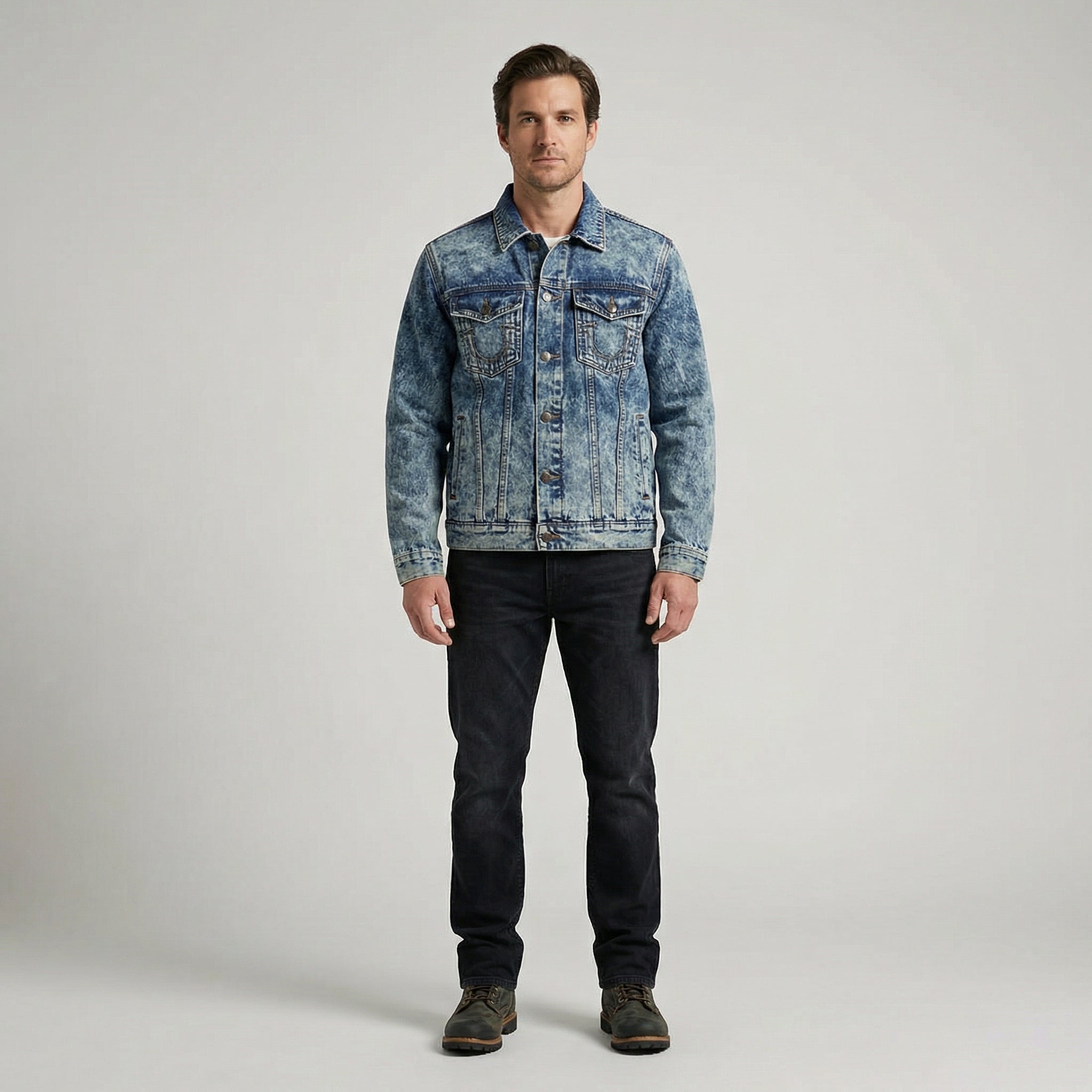 Acid Wash Denim Trucker Jacket For Men With Reinforced Chest Pockets