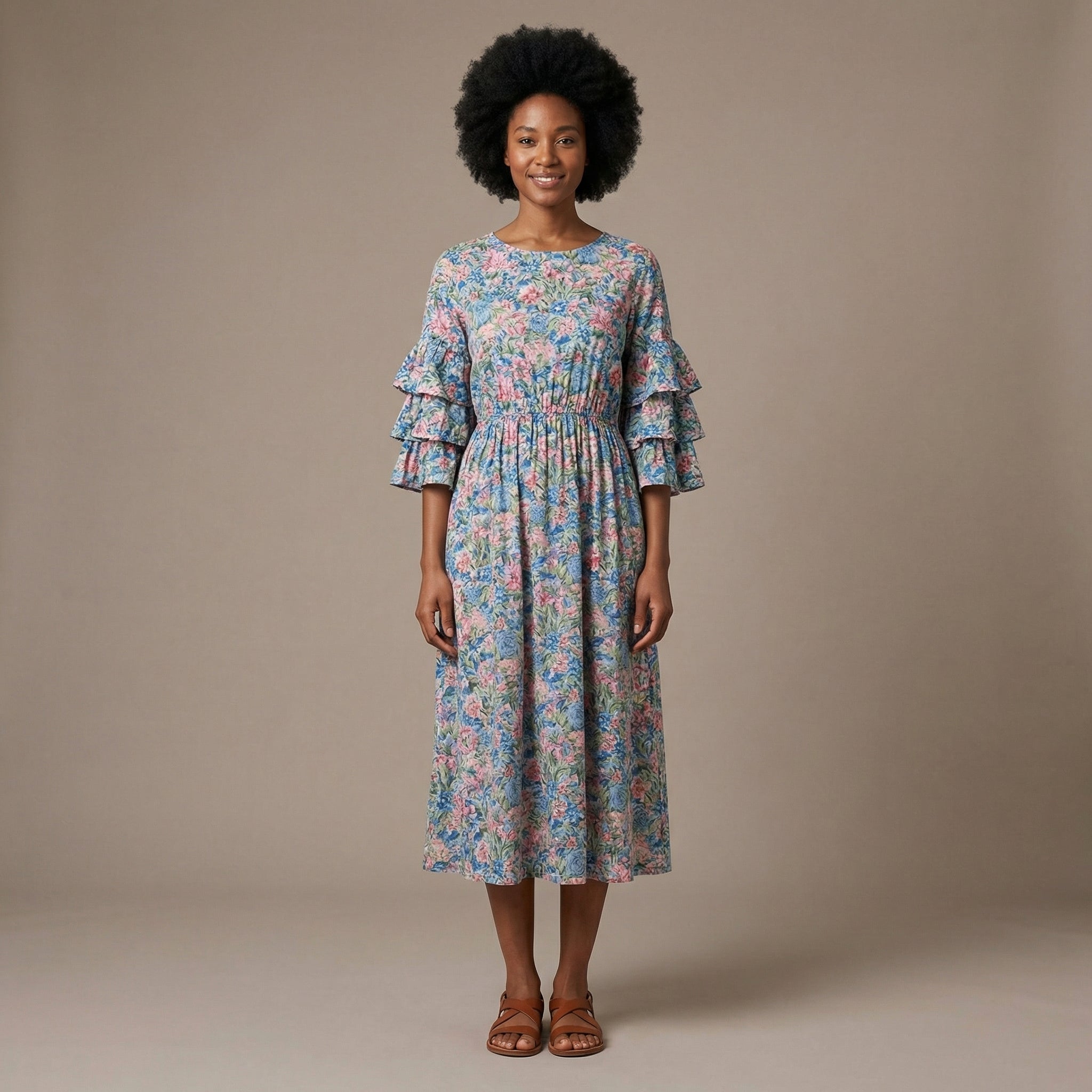 Floral Print Midi Dress For Women With Ruffled Sleeve Details