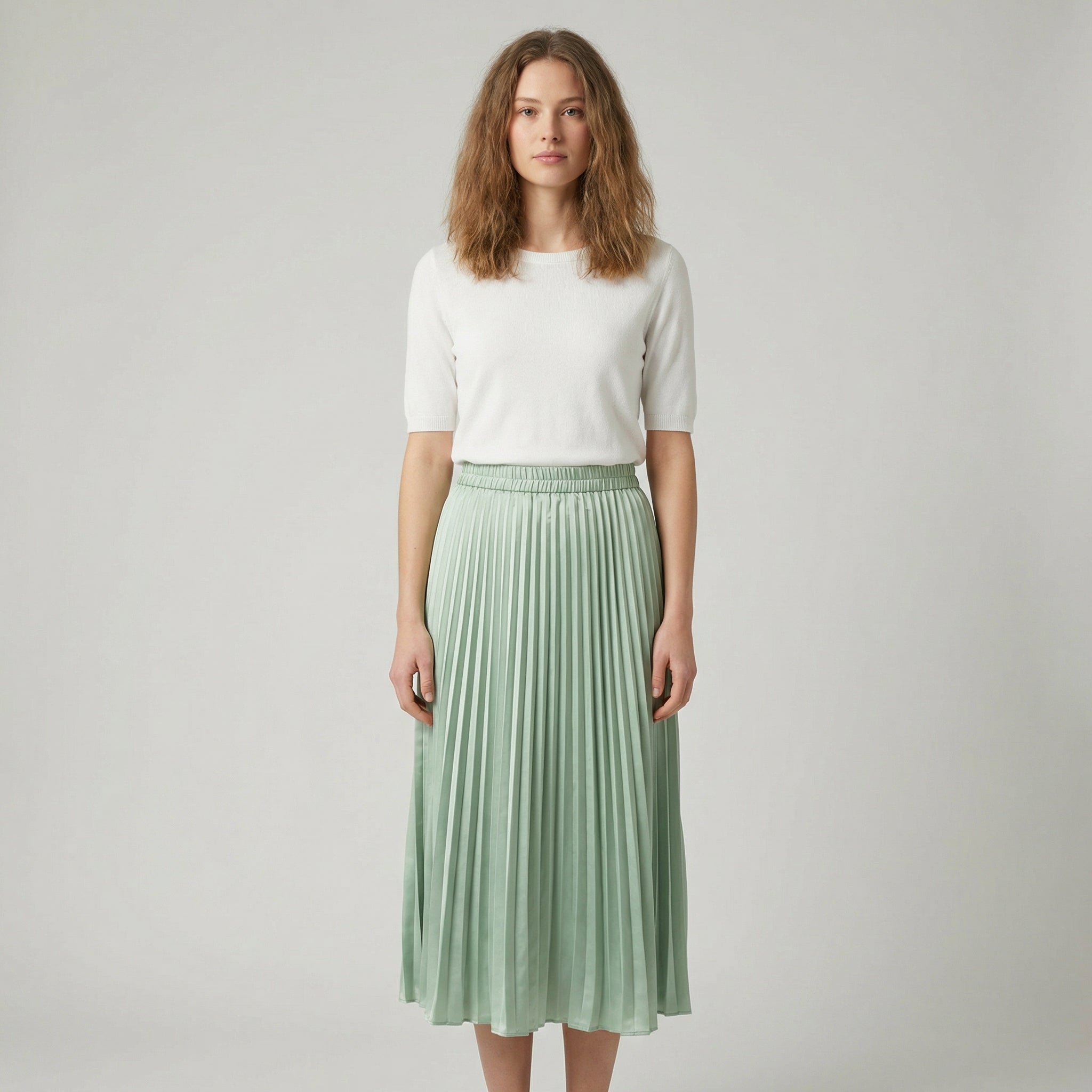 Pleated Satin Midi Skirt With Elastic Waistband
