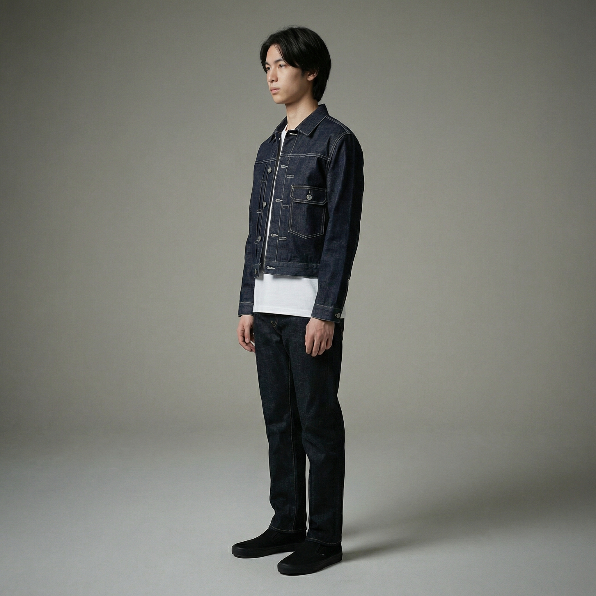 Cropped Raw Indigo Denim Jacket With Contrast Stitching And Silver Buttons