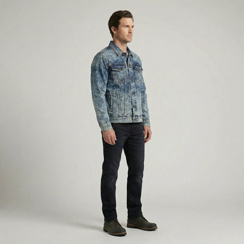 Acid Wash Denim Trucker Jacket For Men With Reinforced Chest Pockets
