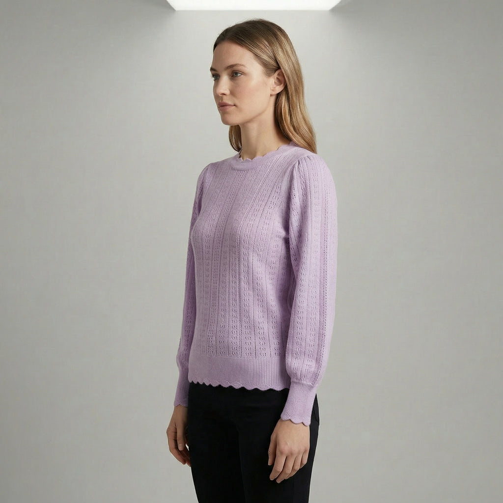Pointelle Knit Puff Sleeve Jumper With Scalloped Edges