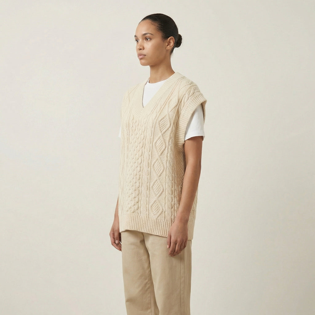 Oversized V-Neck Knitted Vest With Cable Knit Details