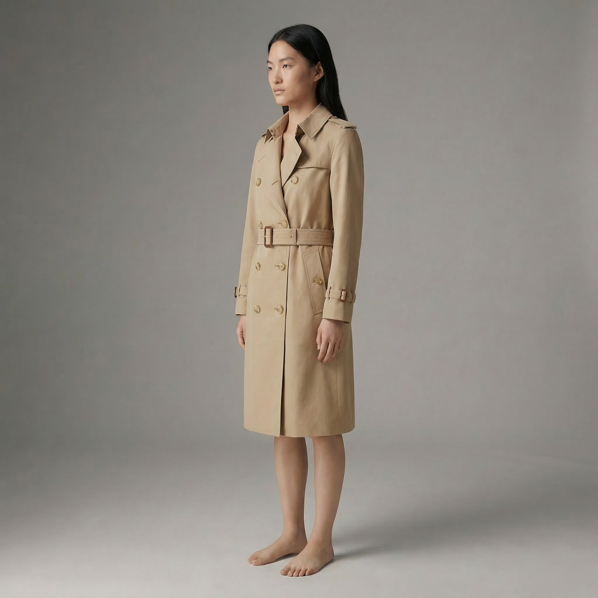 Classic Double-Breasted Trench Coat With Adjustable Waist Belt