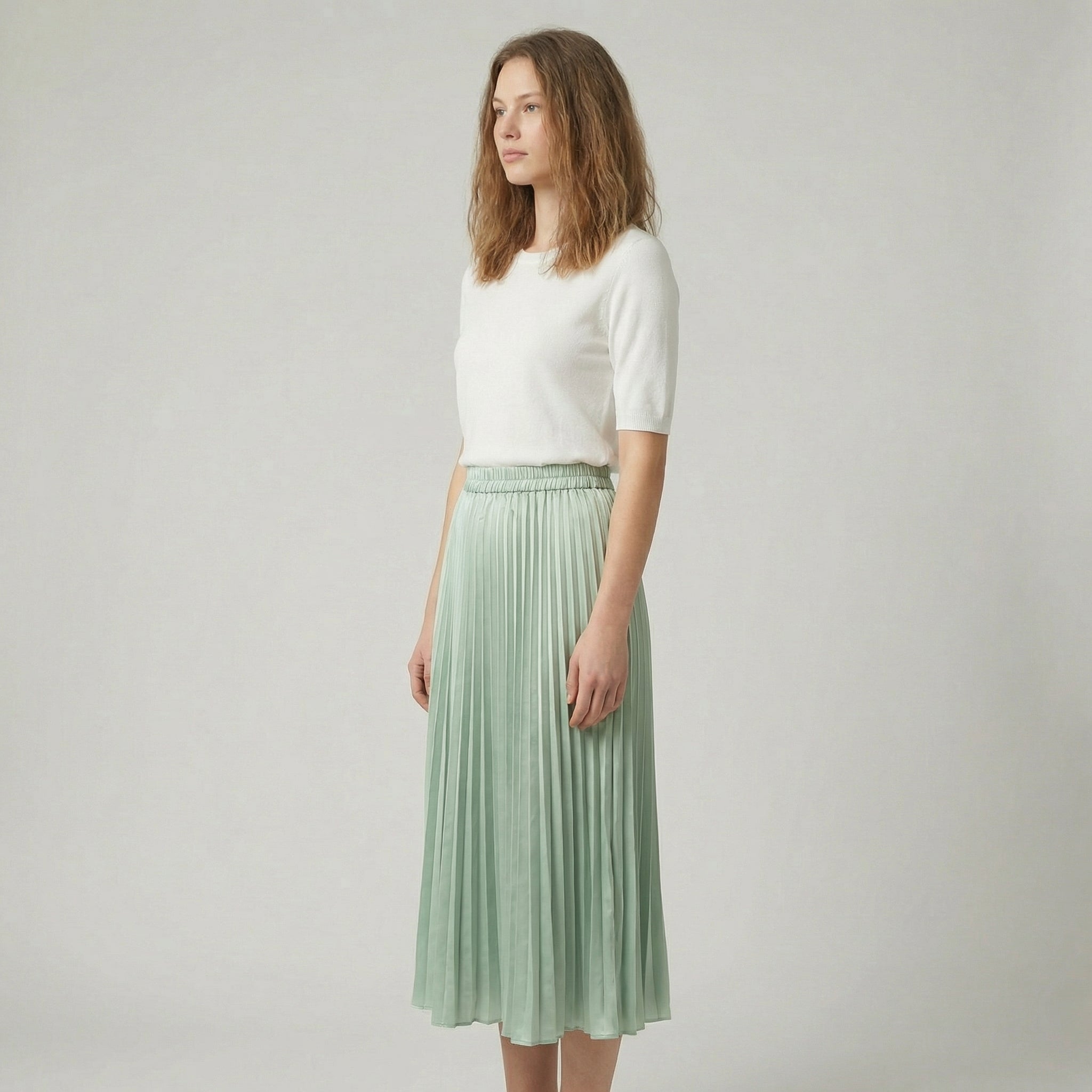 Pleated Satin Midi Skirt With Elastic Waistband