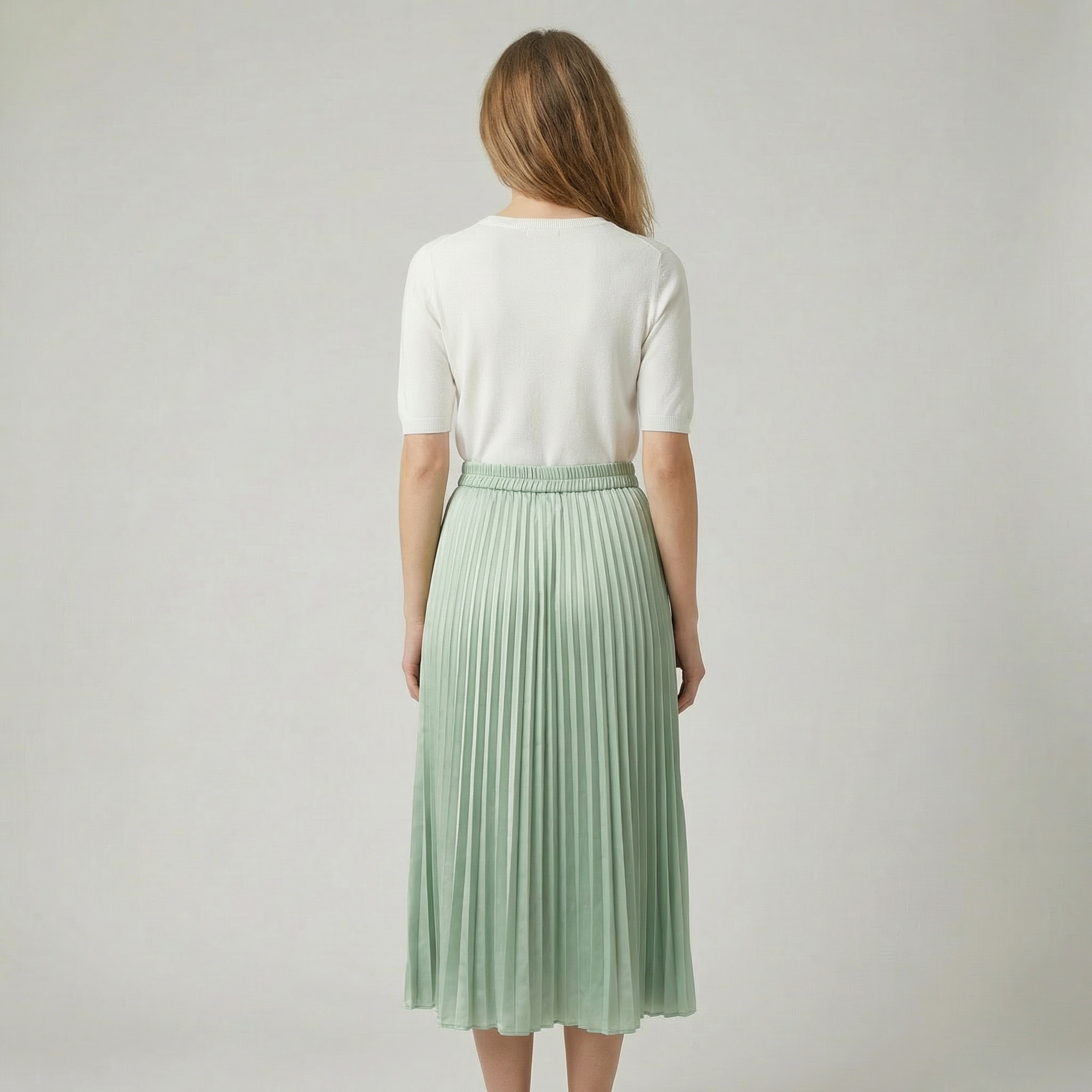 Pleated Satin Midi Skirt With Elastic Waistband