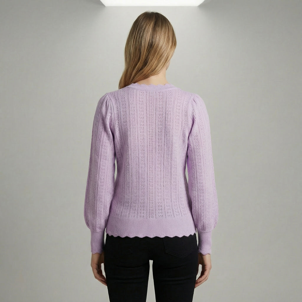 Pointelle Knit Puff Sleeve Jumper With Scalloped Edges