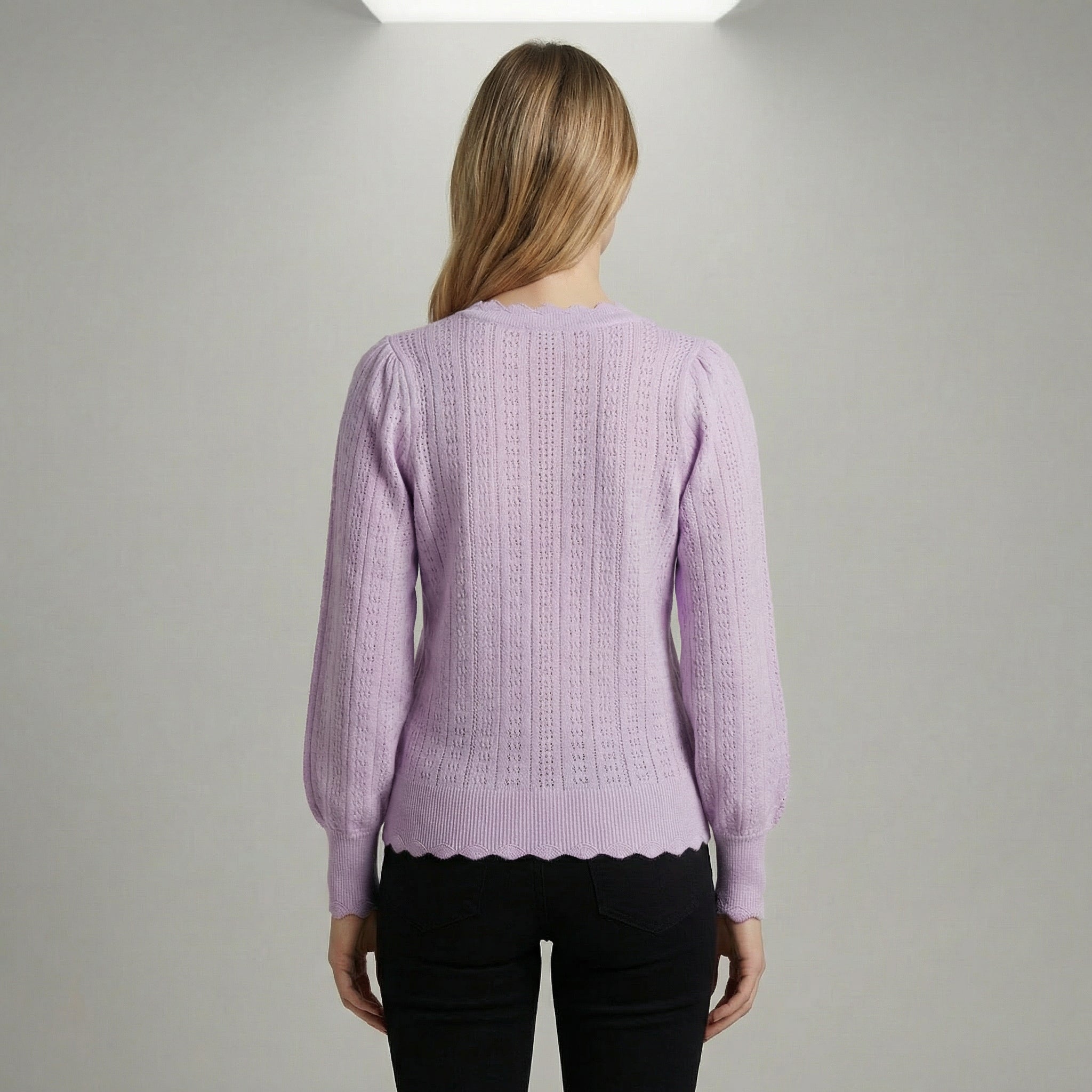 Pointelle Knit Puff Sleeve Jumper With Scalloped Edges