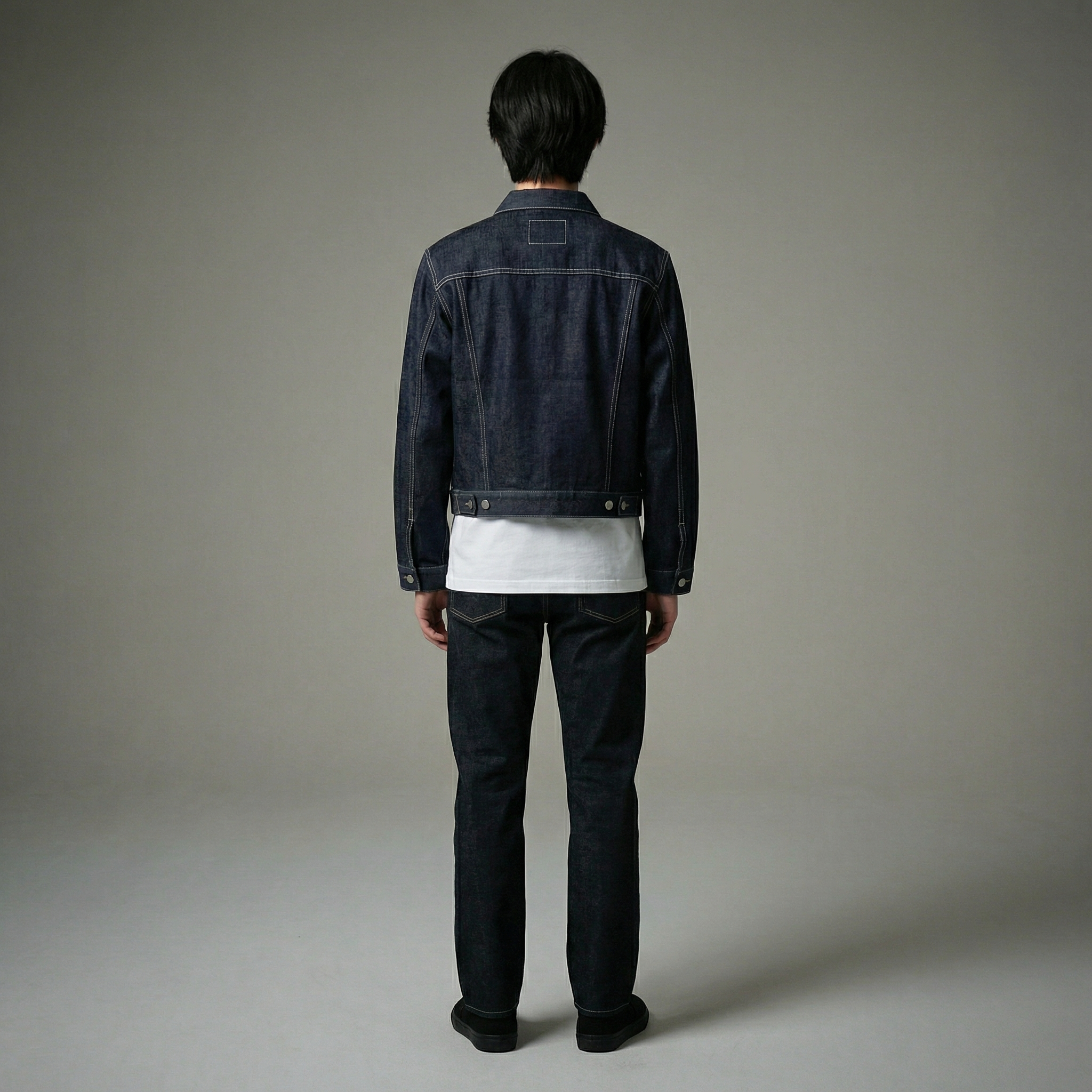 Cropped Raw Indigo Denim Jacket With Contrast Stitching And Silver Buttons
