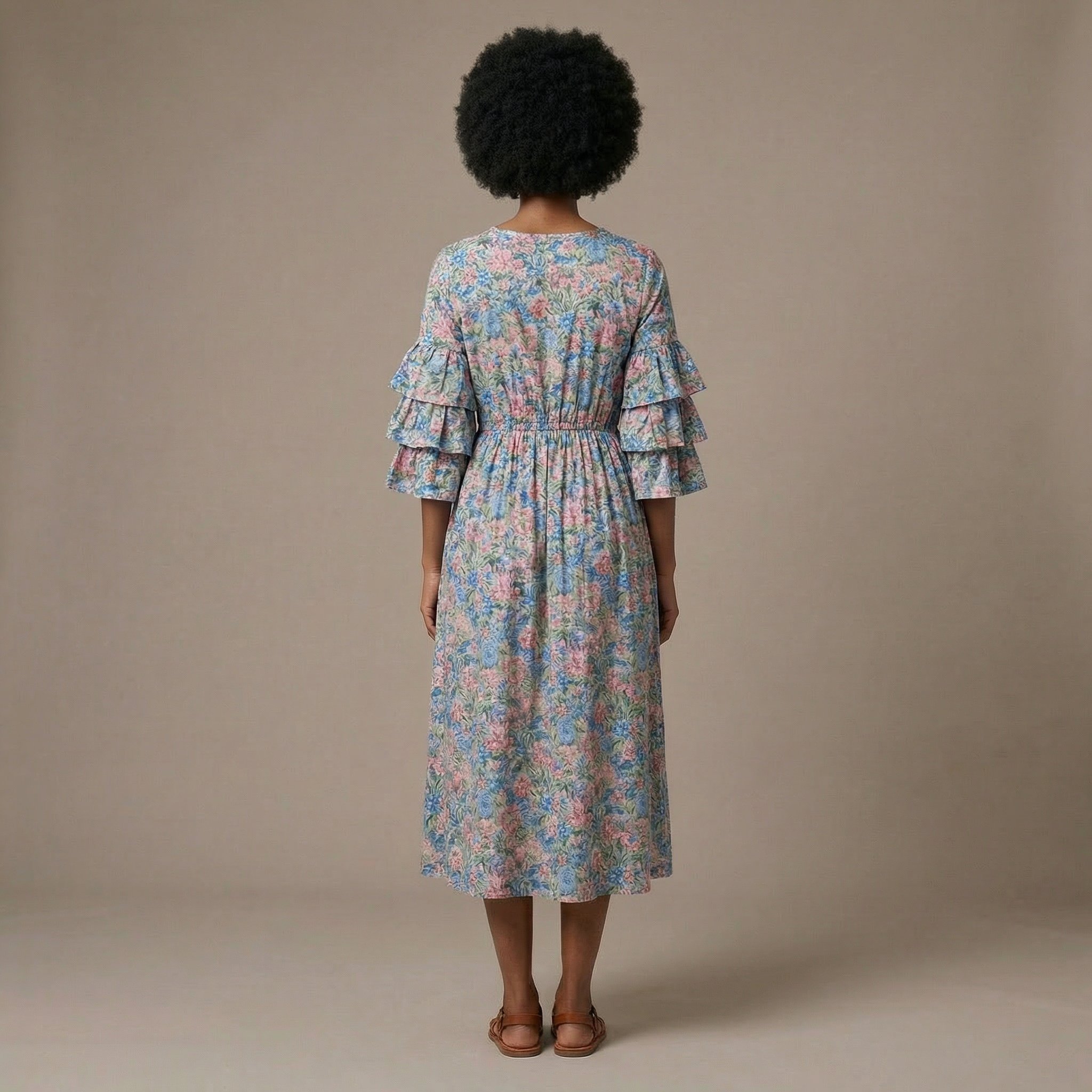 Floral Print Midi Dress For Women With Ruffled Sleeve Details