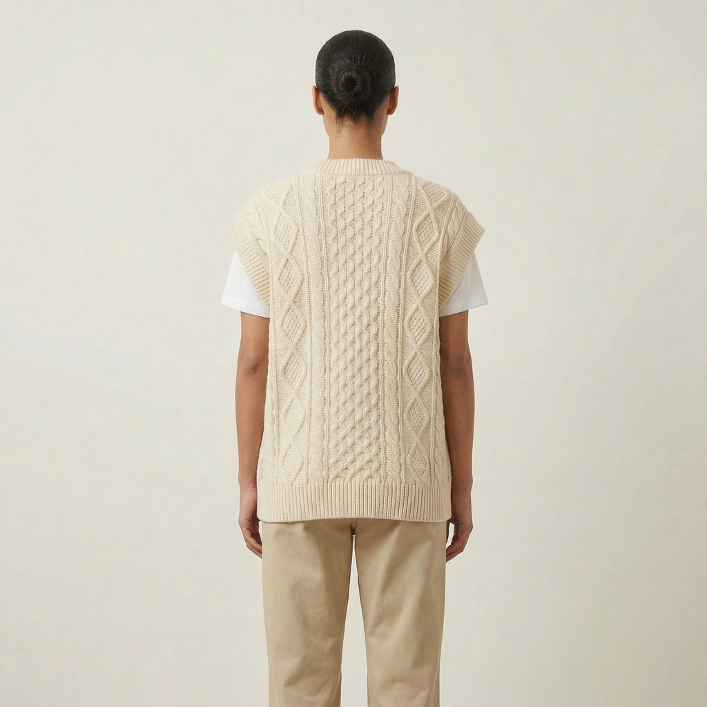 Oversized V-Neck Knitted Vest With Cable Knit Details