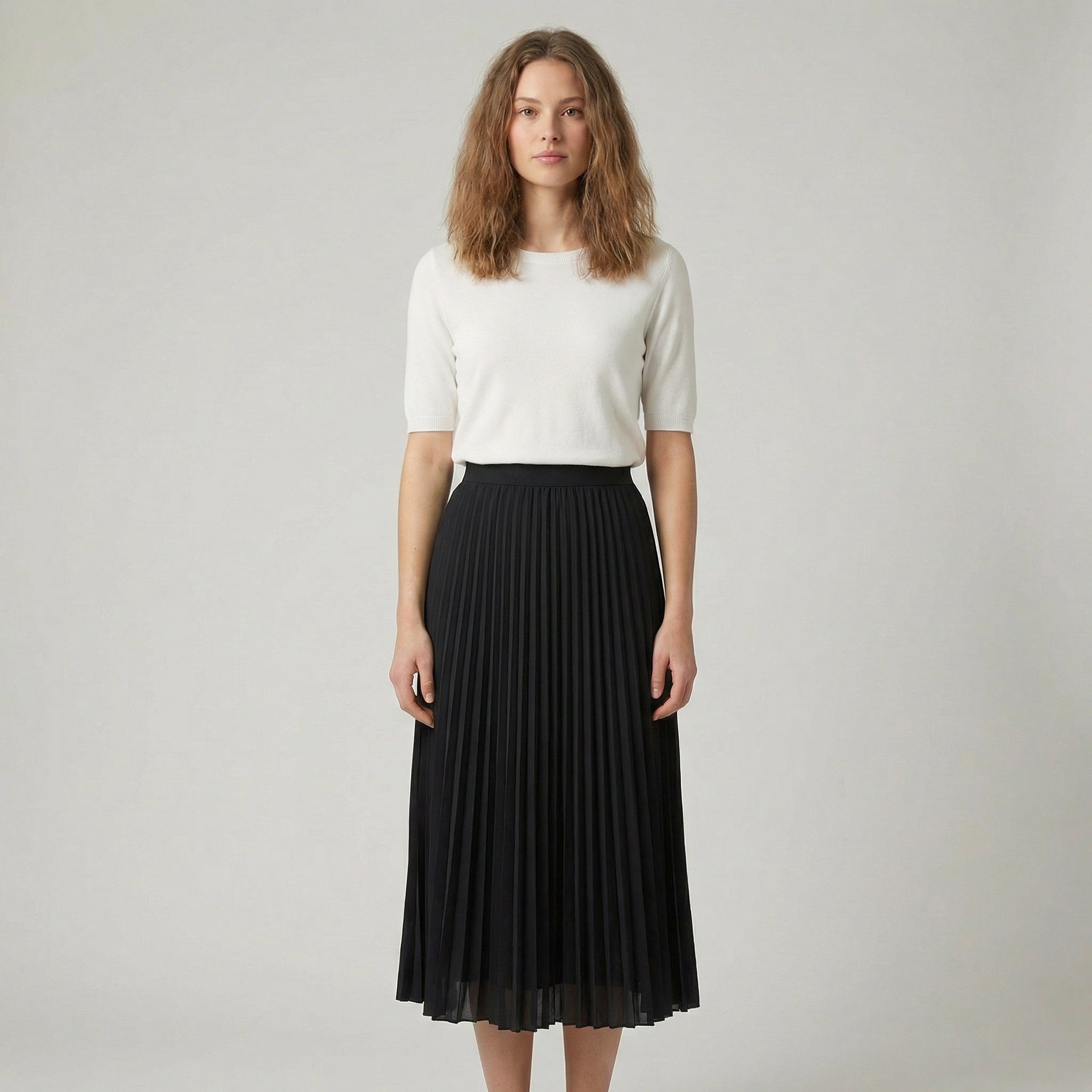 Pleated Satin Midi Skirt With Elastic Waistband