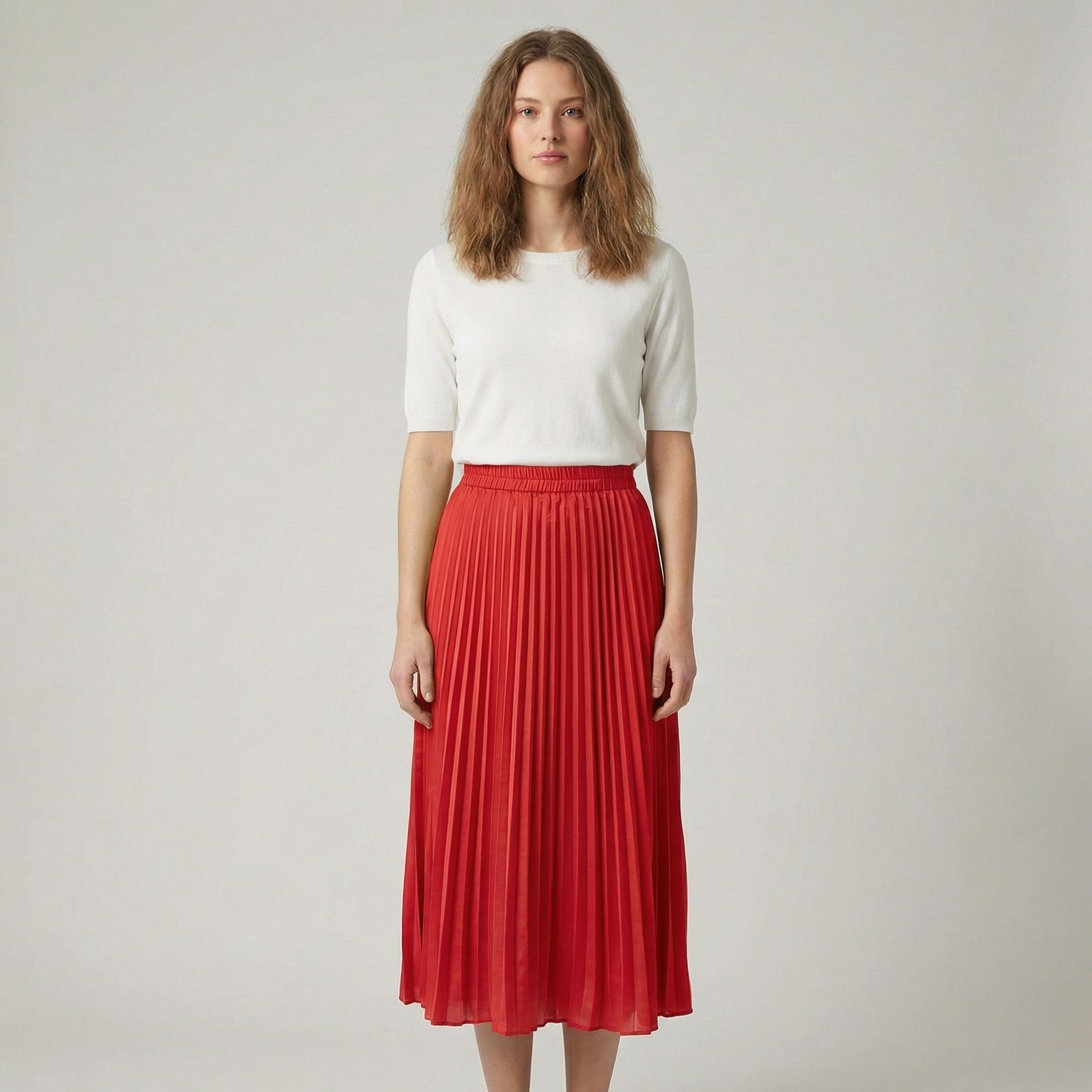 Pleated Satin Midi Skirt With Elastic Waistband