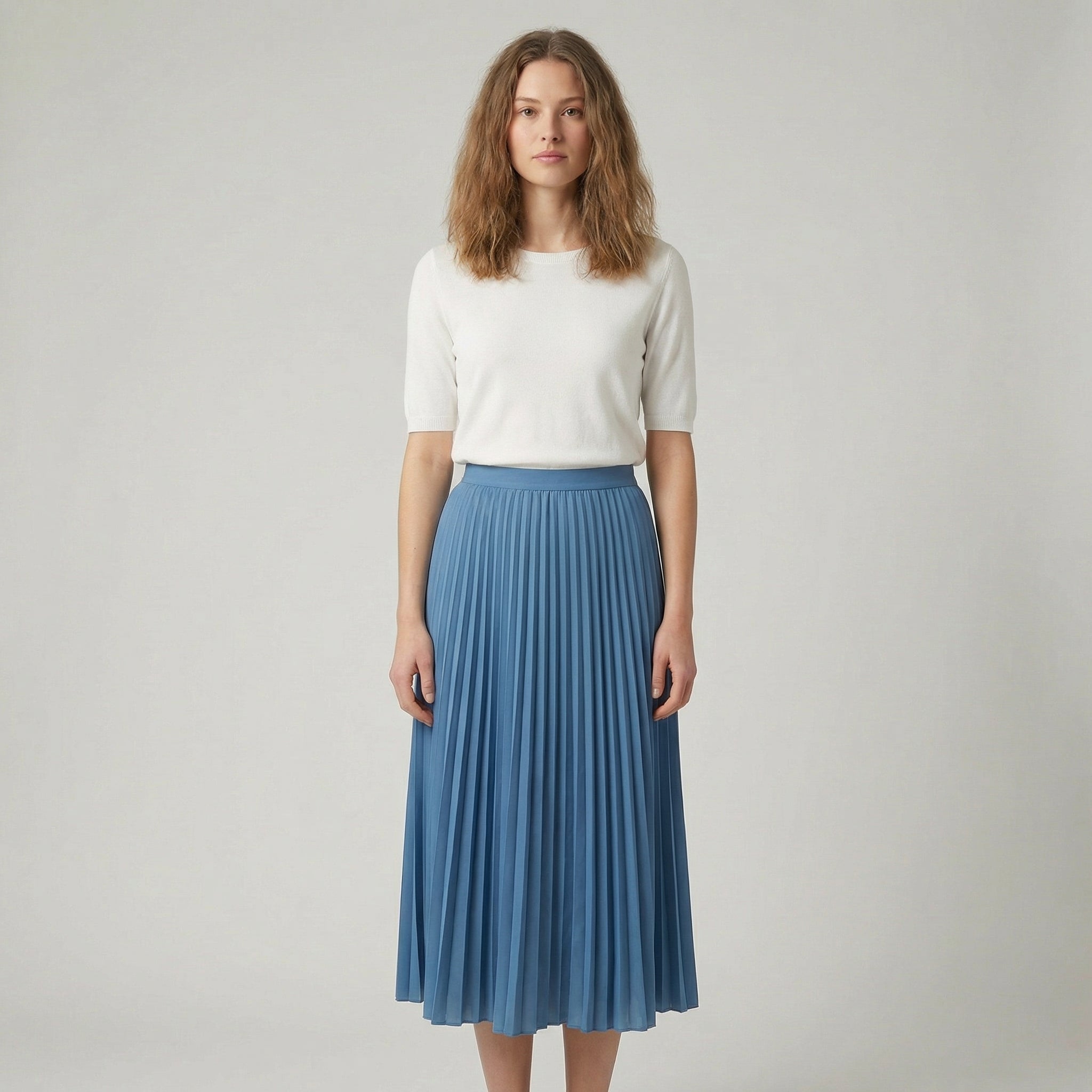 Pleated Satin Midi Skirt With Elastic Waistband