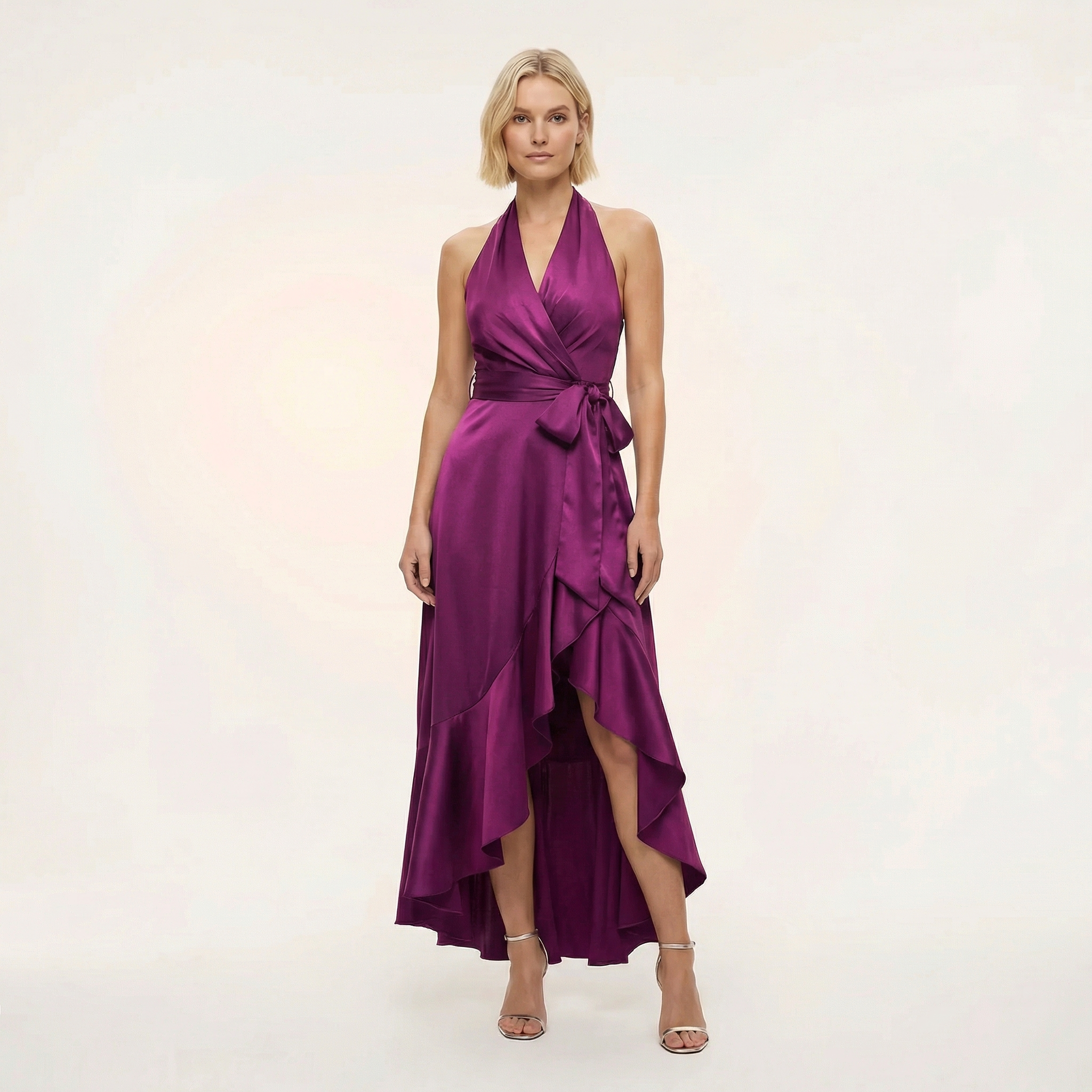 Women Satin Wrap Dress Summer Halter Midi Evening Dress