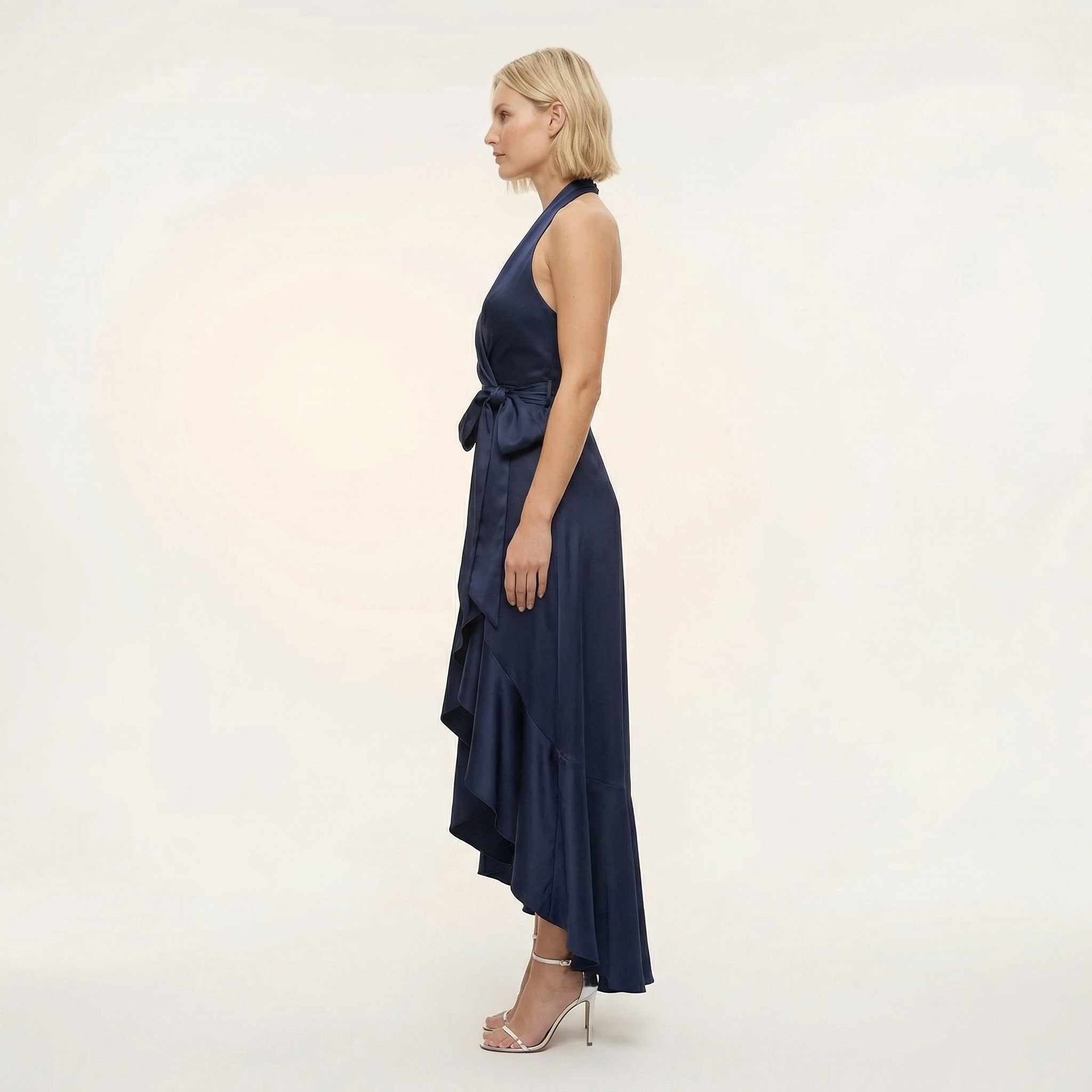 Women Satin Wrap Dress Summer Halter Midi Evening Dress