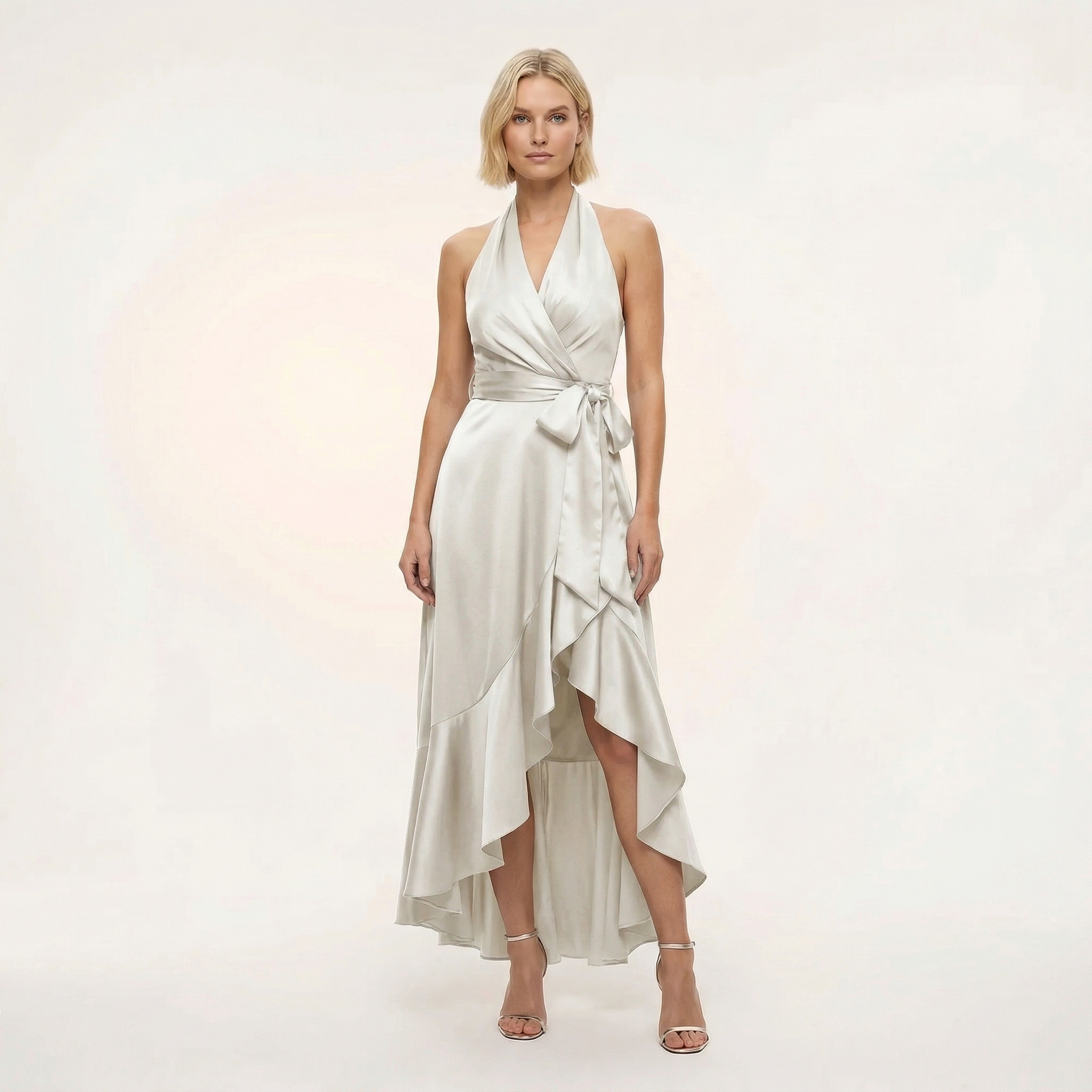 Women Satin Wrap Dress Summer Halter Midi Evening Dress