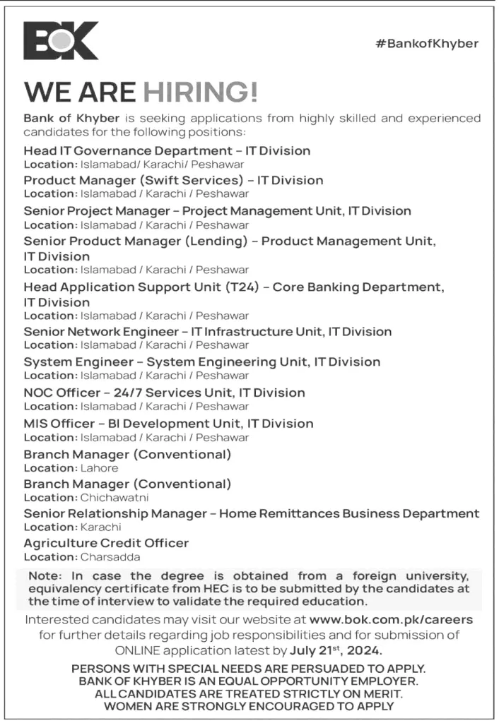 Bank of Khyber Jobs 2024 