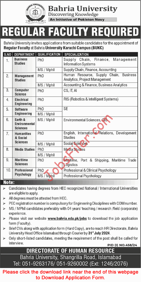 Bahria University Karachi Jobs 2024 