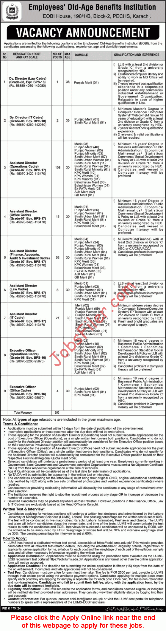 Employees Old Age Benefits Institution Karachi Jobs 2024