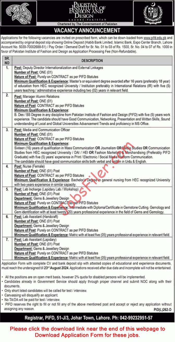 Pakistan Institute of Fashion Design Lahore Jobs 2024 